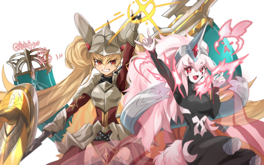 2girls, abfbfygo, armor, black_bodysuit, blonde_hair, bodysuit, bright_pupils, centurion_primera