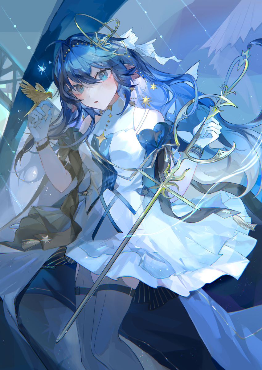 1girl, :o, absurdres, animal_ears, animal_on_finger, arknights, astesia_(arknights), astesia_(frlibe_on_the_palace)_(arknights), bare_shoulders, belt, bird, bird_ears, blue_eyes, blue_hair, blush, dress, glance_neon, hair_ornament, highres, holding, holding_sword, holding_weapon, long_hair, parted_lips, solo, star_(symbol), sword, thigh_belt, thigh_strap, weapon, white_dress