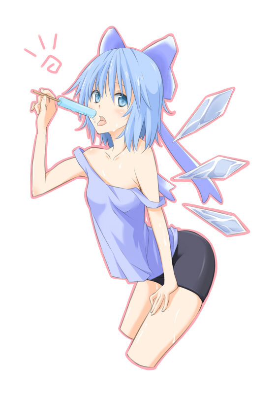 bad_id, bare_shoulders, bike_shorts, blue_eyes, blue_hair, bow, cirno, hair_bow