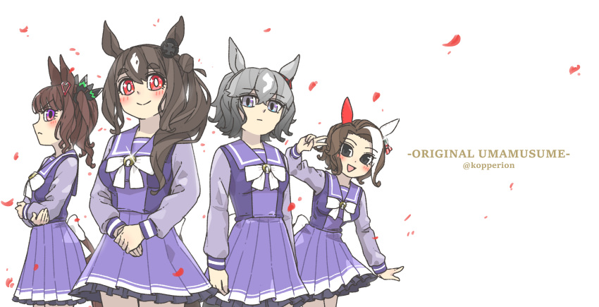 4girls, absurdres, bow, bowtie, brown_hair, chrono_genesis_(racehorse), copyright, cowboy_shot