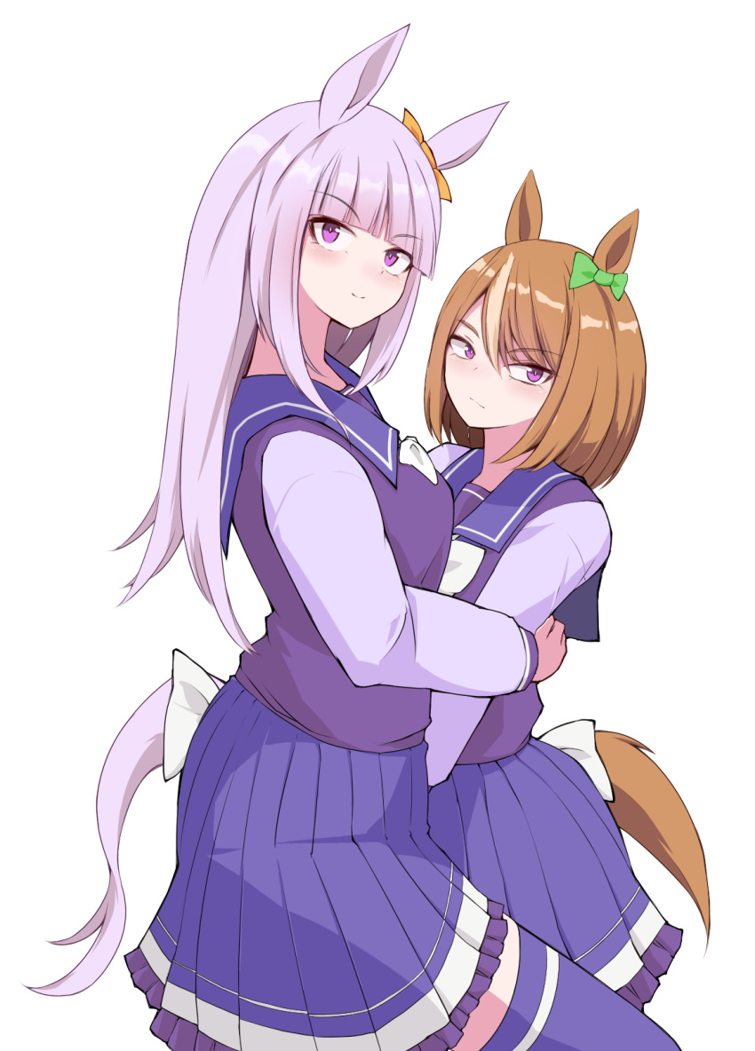 2girls, animal_ears, blunt_bangs, bow, bowtie, brown_hair, commentary, ear_bow