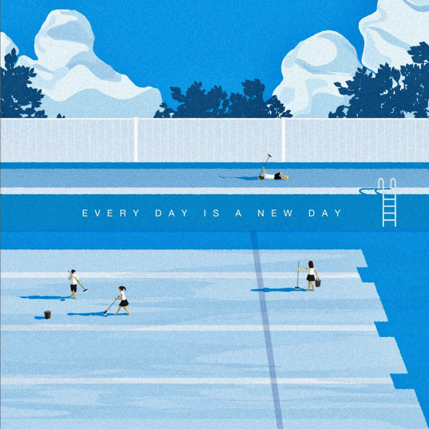 blue_sky, cleaning, clouds, empty_pool, english_text, faceless, hatelephant, minimalism