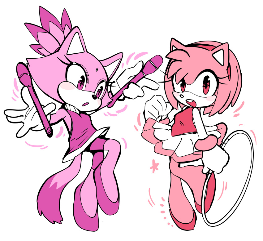 2girls, amy_rose, animal_ears, bike_shorts, blaze_the_cat, blush, cat_ears, cat_girl
