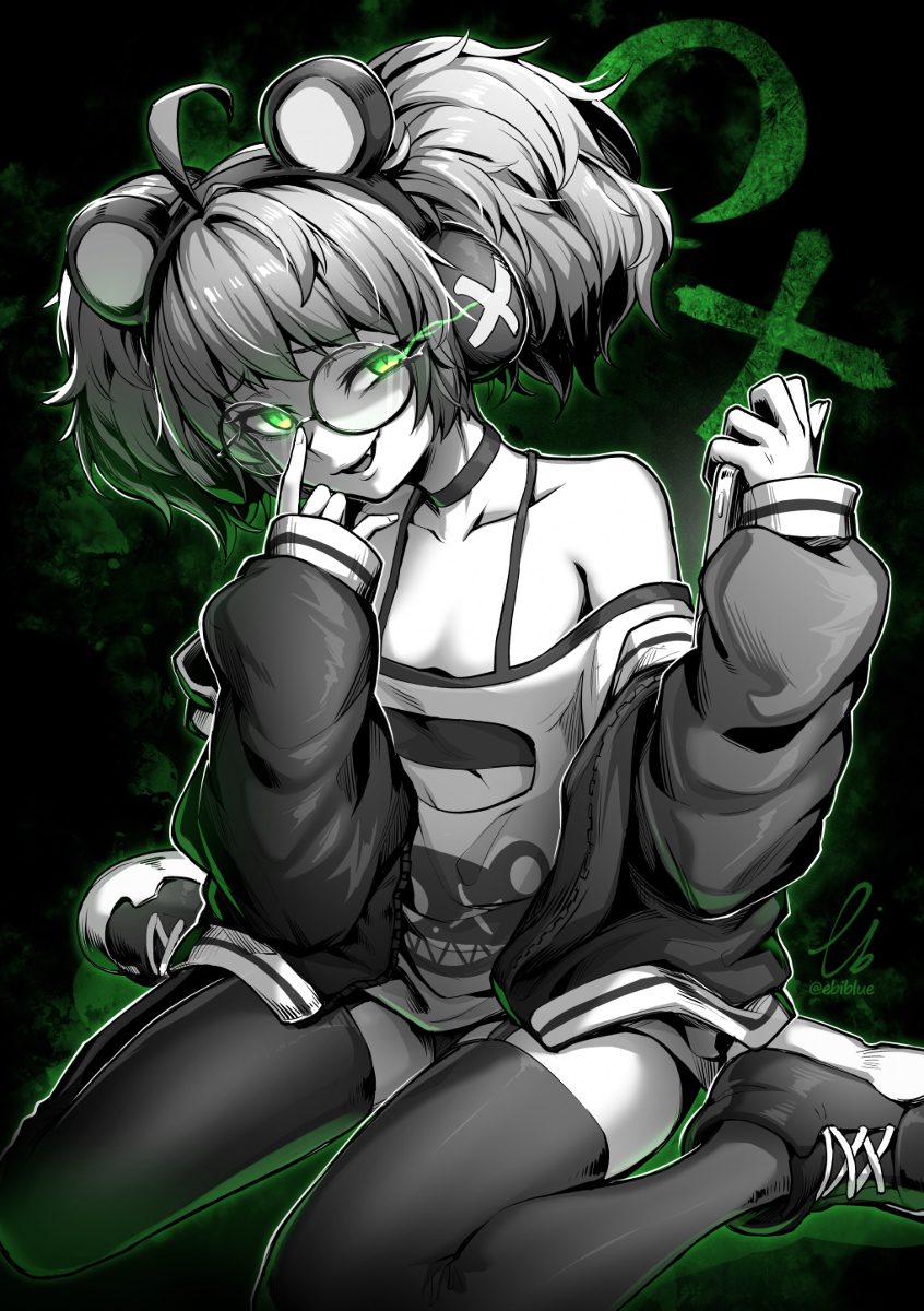 1girl, adjusting_eyewear, ahoge, animal_ear_headphones, animal_ears, baggy_clothes, bare_shoulders, black_choker