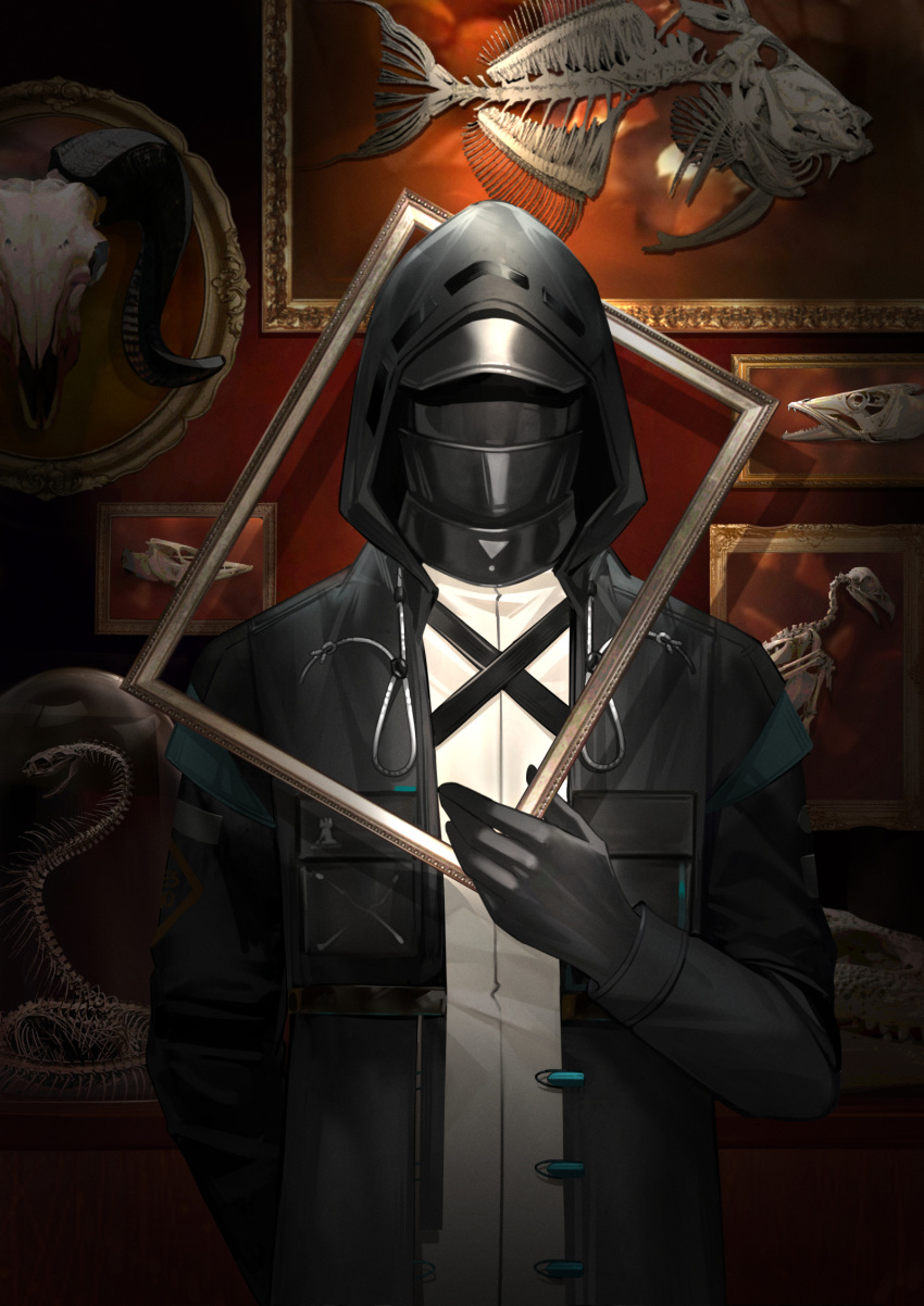 1other, 9chung, ambiguous_gender, animal_skeleton, animal_skull, arknights, arm_behind_back, black_coat