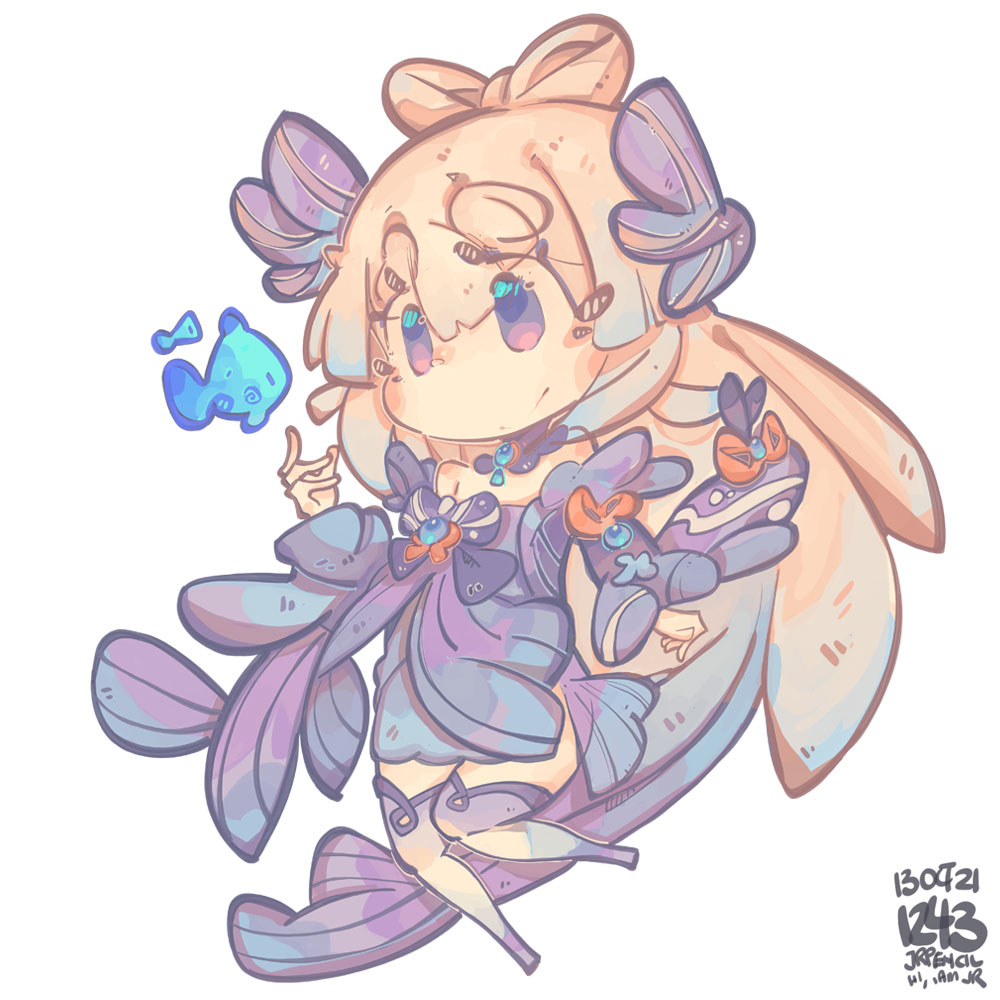 1girl, artist_name, bare_shoulders, blonde_hair, blue_hair, bow, bow-shaped_hair, chibi