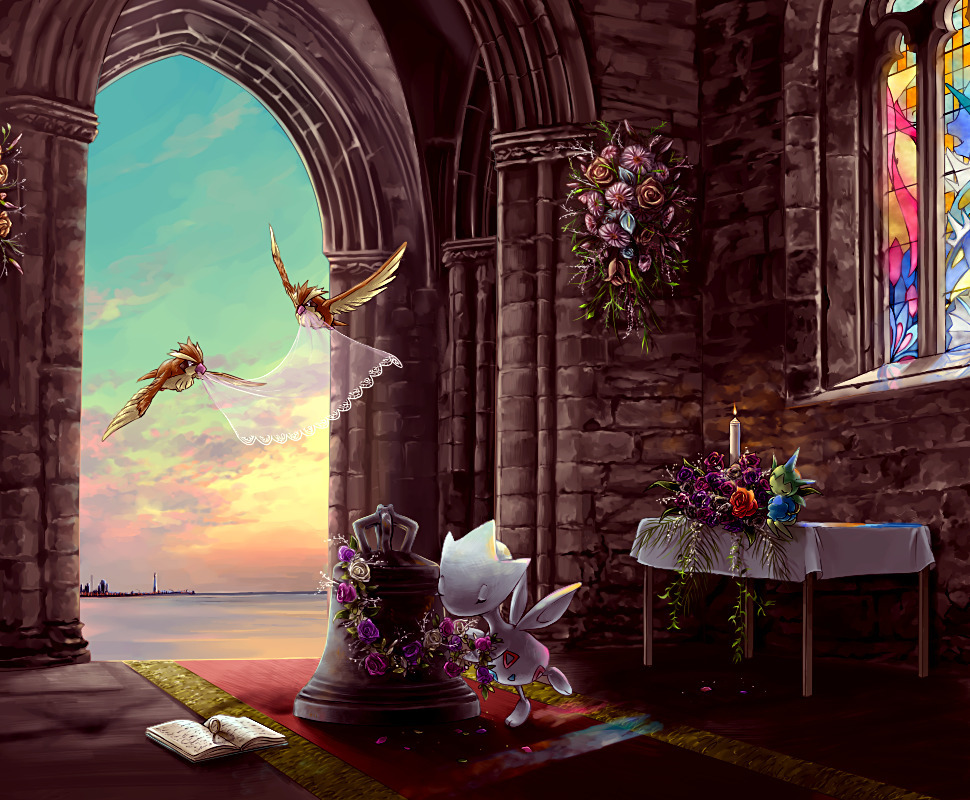 bell, book, bouquet, candle, church, flower, flying, gyarados, gyarados_(cameo), horizon, jewelry, milotic, milotic_(cameo), no_humans, petals, pidgey, pokemon, pokemon_(creature), pokemon_(game), pokemon_gsc, pokemon_rgby, pokemon_rse, ring, roselia, sky, stained_glass, table, togetic, veil, wedding, window, wreath, zenmai_hizu