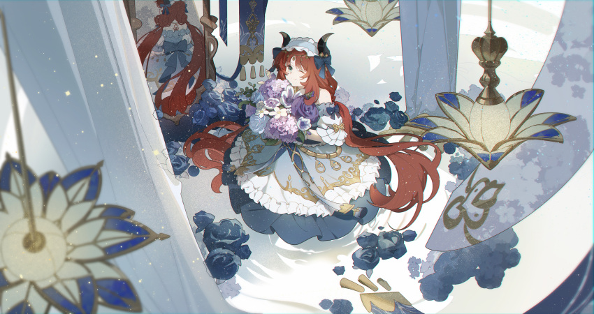 1girl, ;), absurdres, back_bow, blue_bow, blue_flower, blue_rose, blush, bouquet, bow, ceiling_light, closed_mouth, dress, fake_horns, flower, frilled_hairband, frills, genshin_impact, green_eyes, hair_bow, hairband, highres, holding, holding_bouquet, horns, lightfish, looking_at_viewer, mirror, nilou_(genshin_impact), nilou_(gigo)_(genshin_impact), off-shoulder_dress, off_shoulder, official_alternate_costume, one_eye_closed, purple_flower, reflection, rose, smile, solo, twintails, white_dress, white_flower, white_hairband