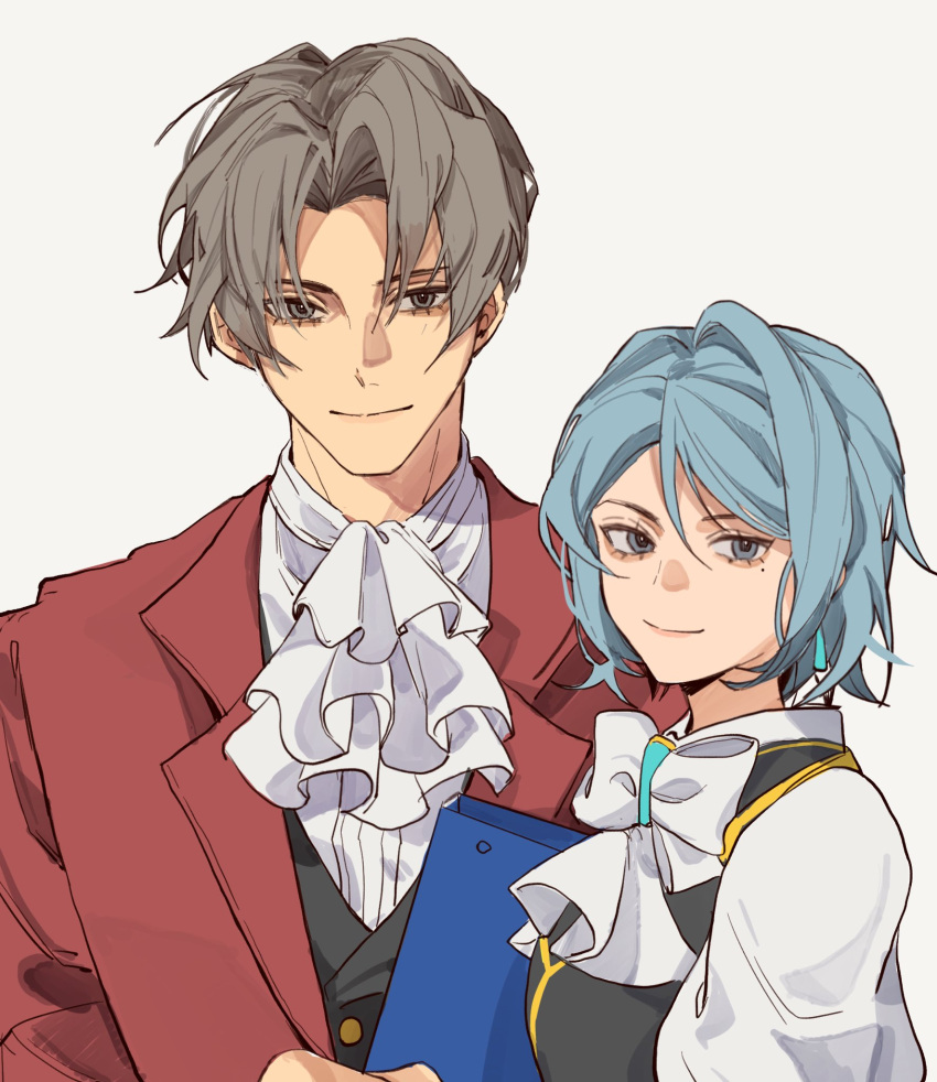 1boy, 1girl, ace_attorney, ascot, black_vest, blue_eyes, blue_hair, bow, bowtie, buttons, closed_mouth, earrings, franziska_von_karma, grey_eyes, grey_hair, hair_intakes, highres, holding, jacket, jewelry, kkkitsch41, lapels, looking_at_viewer, miles_edgeworth, mole, mole_under_eye, parted_bangs, red_jacket, shirt, short_hair, simple_background, smile, suit_jacket, upper_body, vest, waistcoat, white_ascot, white_background, white_bow, white_bowtie, white_shirt, wide_sleeves