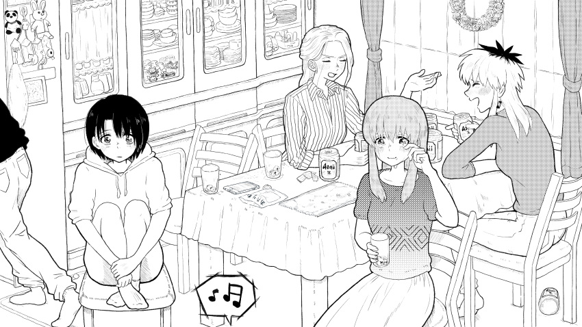 1boy, 5girls, beer_can, black_hair, black_shirt, cabinet, can, cellphone, chair, closed_eyes, collared_shirt, controller, cup, curtains, greyscale, highres, holding, holding_can, holding_cup, hood, hoodie, indoors, ishida_shouya, juice, koe_no_katachi, long_hair, looking_at_viewer, monochrome, mother_and_daughter, mother_and_son, multiple_girls, musical_note, nishimiya_shouko, nishimiya_yaeko, nishimiya_yuzuru, open_mouth, pants, phone, reverse_trap, shirt, short_hair, short_sleeves, sitting, skirt, smile, socks, spiky_hair, spoken_musical_note, striped, striped_shirt, table, tozawa_(shibungi_21), vertical-striped_shirt, vertical_stripes, walking