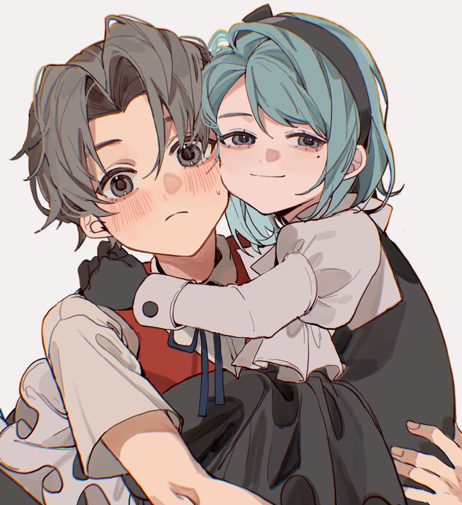 1boy, 1girl, ace_attorney, aged_down, ascot, black_dress, black_gloves, black_hairband, blue_eyes, blue_hair, blue_ribbon, blush, buttons, carrying, carrying_person, child, chromatic_aberration, closed_mouth, collared_shirt, dress, eyebrows_hidden_by_hair, franziska_von_karma, frown, gloves, grey_eyes, grey_hair, hair_intakes, hairband, hand_on_another's_shoulder, hand_on_another's_waist, juliet_sleeves, kkkitsch41, long_sleeves, looking_at_viewer, miles_edgeworth, mole, mole_under_eye, neck_ribbon, pinafore_dress, puffy_sleeves, red_vest, ribbon, shirt, short_hair, short_sleeves, simple_background, sleeve_cuffs, sleeveless, sleeveless_dress, smile, sweat, vest, white_ascot, white_background, white_shirt