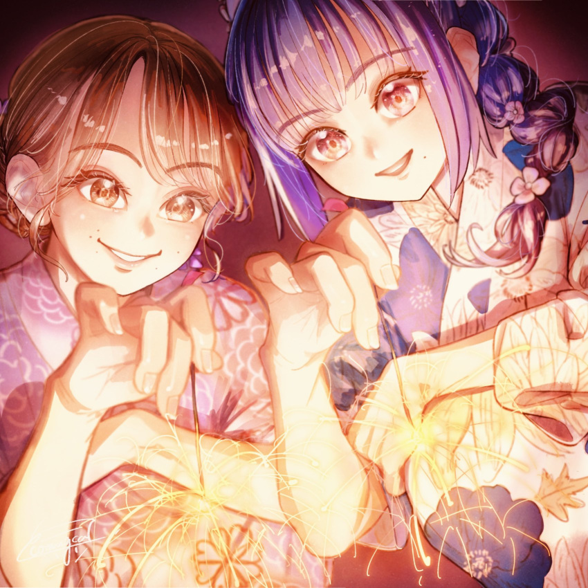 2girls, alternate_hairstyle, assault_lily, braid, braided_ponytail, brown_eyes, brown_hair, commentary