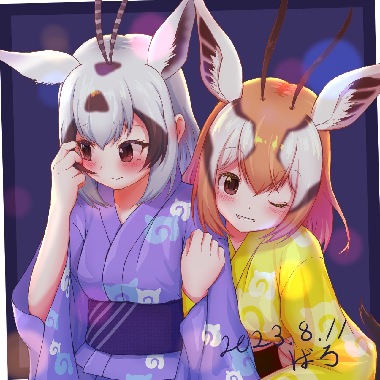 2girls, alternate_costume, animal_ears, arabian_oryx_(kemono_friends), arm_grab, baroy_baroro, belt, black_hair