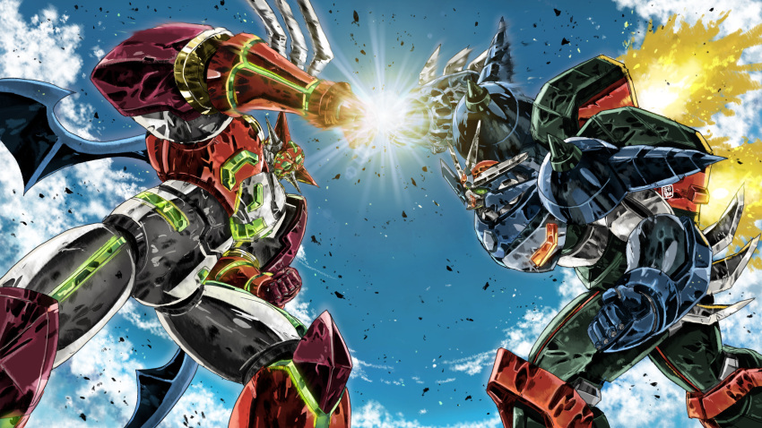 absurdres, clenched_hands, clouds, garimpeiro, getter_robo, glowing, green_eyes, highres
