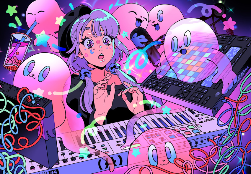 1girl, 6+others, bloodypepper, bubble_tea, cable, cup, disposable_cup, drinking