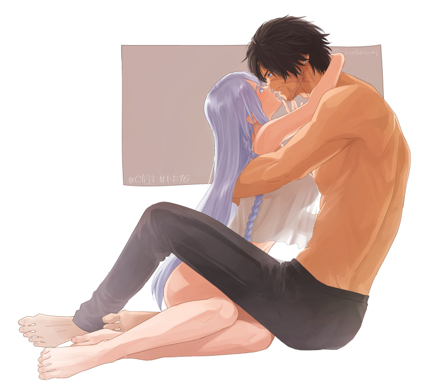 1boy, 1girl, absurdres, arm_around_neck, black_hair, blush, braid, breasts