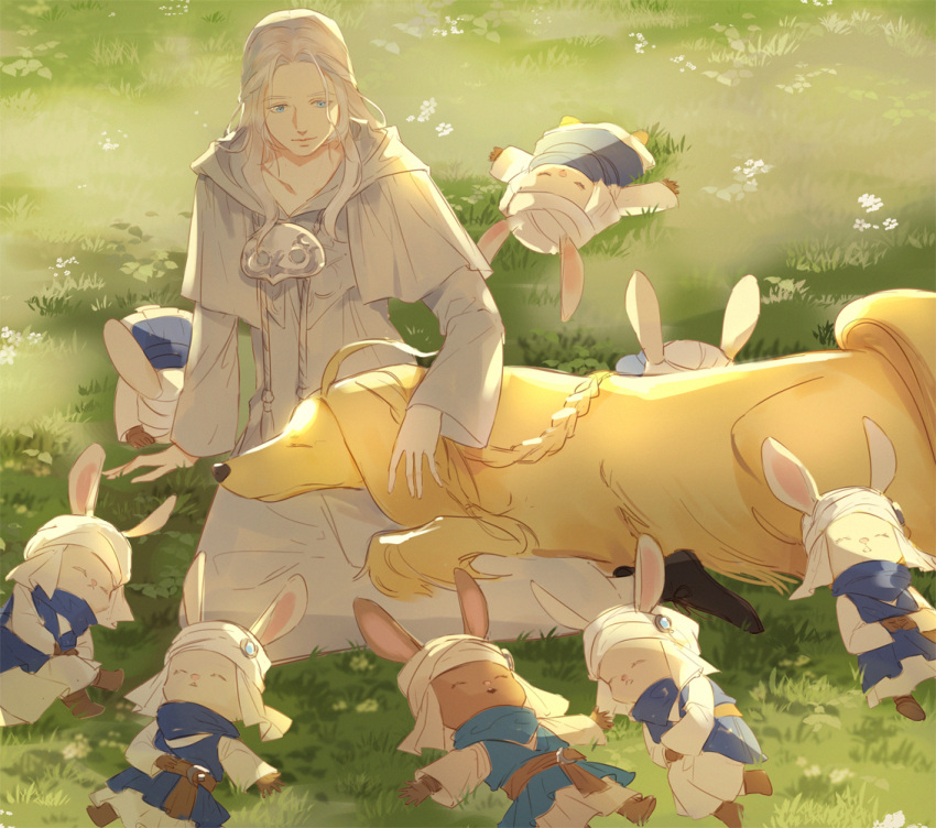 1girl, 6+others, afghan_hound, androgynous, animal_ears, animal_on_lap, argos_(ff14), arm_support