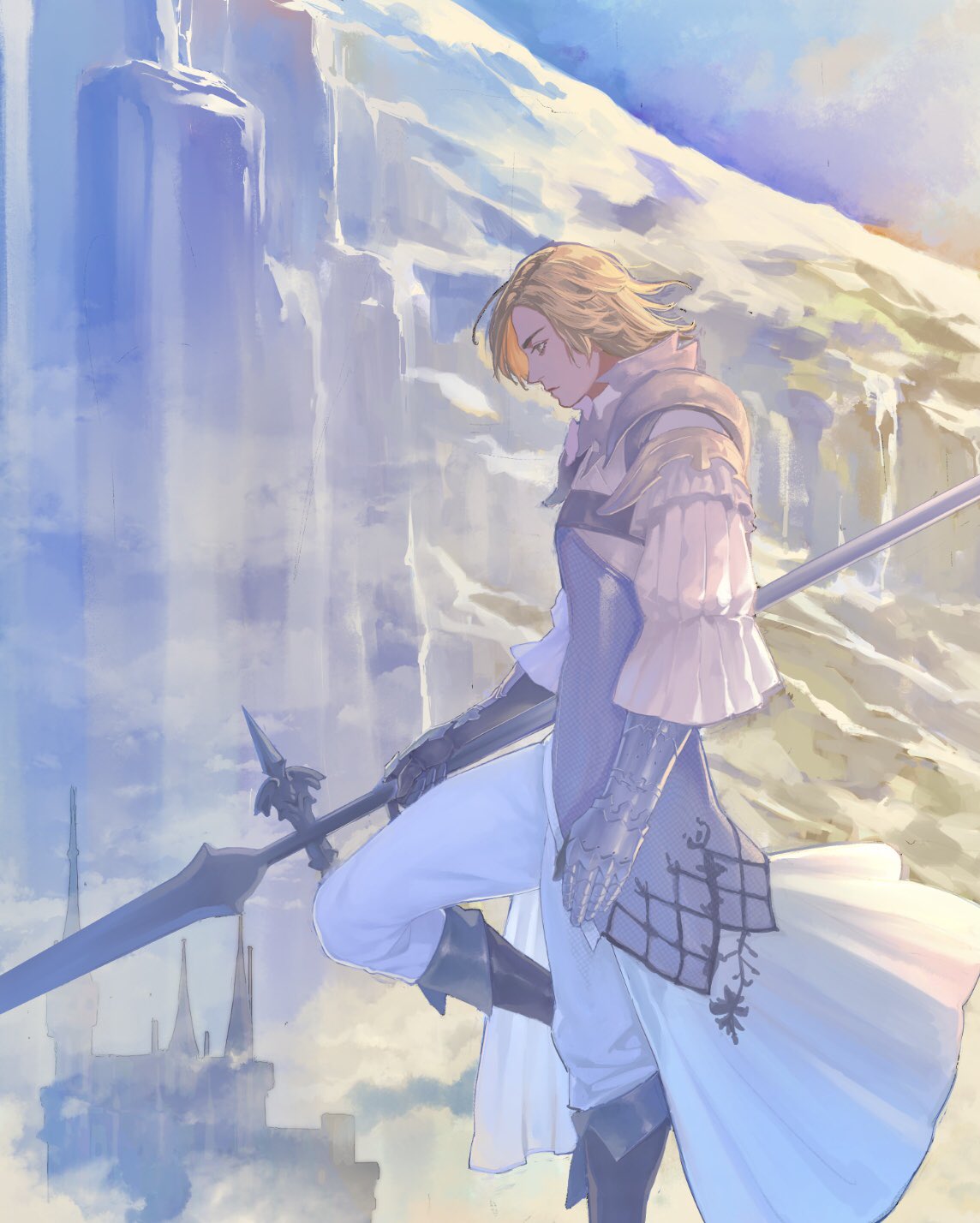 1boy, ajpp6, armor, black_footwear, bladed_lance, blonde_hair, boots, closed_mouth