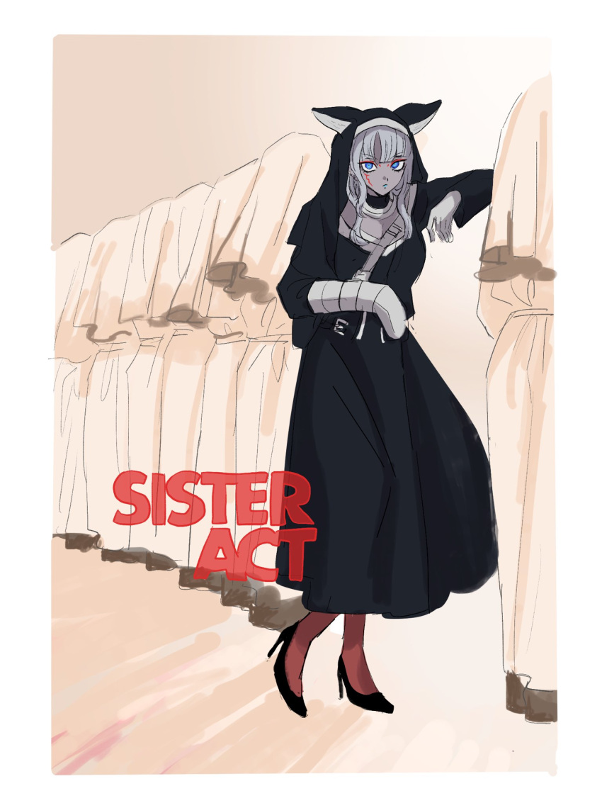 1girl, animal_ears, arm_sling, black_dress, black_footwear, blue_eyes, blue_lips, cast