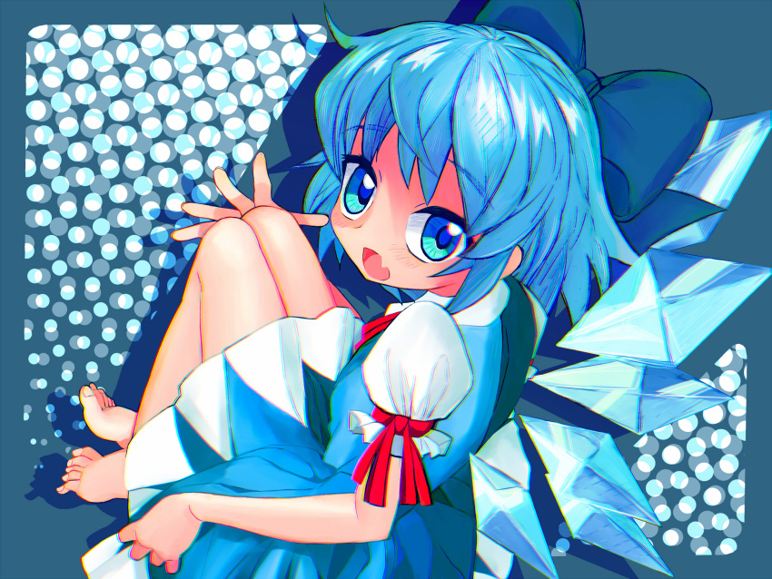 1girl, aqua_eyes, bare_legs, barefoot, blue_bow, blue_dress, blue_eyes, blue_hair
