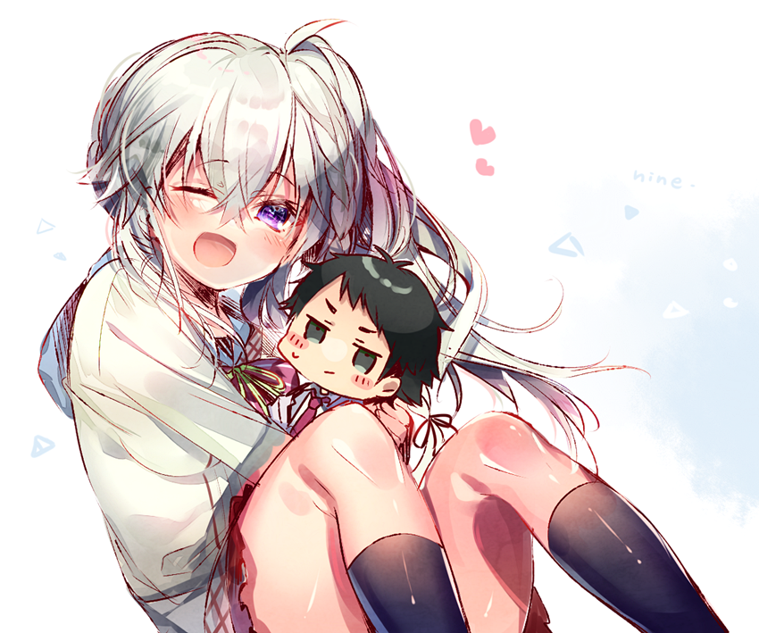 1boy, 1girl, 9-nine-, :d, ahoge, black_eyes, black_hair, black_socks