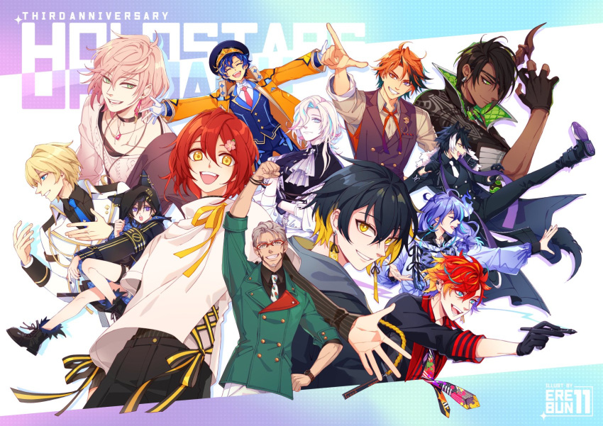 6+boys, :d, :o, ^_^, aiguillette, animal_ears, animal_hood, ankle_boots, anniversary, antenna_hair, aqua_eyes, aqua_hair, aragami_oga, arm_up, armband, artist_name, arurandeisu, arurandeisu_(old_design), ascot, astel_leda, beard, black_armband, black_choker, black_coat, black_footwear, black_gloves, black_hair, black_headwear, black_jacket, black_nails, black_pants, black_shirt, black_sweater, black_undershirt, black_vest, blonde_hair, blue_border, blue_eyes, blue_hair, blue_jacket, blue_necktie, blue_pants, boots, border, brown_jacket, brown_vest, buttons, cat_hood, choker, clenched_hand, closed_eyes, clothes_tug, coat, collarbone, collared_jacket, collared_shirt, colored_inner_hair, copyright_name, cowboy_shot, cross-laced_clothes, dark-skinned_male, dark_skin, double-breasted, double-parted_bangs, ear_piercing, earrings, eleven_(erebun), everyone, eyepatch, facial_hair, fangs, flower, fur-trimmed_boots, fur-trimmed_coat, fur_trim, glasses, gloves, gold_trim, gradient_border, gradient_jacket, gradient_ribbon, green_eyes, green_jacket, grey_ascot, grey_eyes, grey_hair, grey_shirt, grin, hair_between_eyes, hair_flower, hair_ornament, hair_over_one_eye, hair_over_shoulder, hairclip, half_gloves, half_updo, hanasaki_miyabi, hand_on_own_arm, hand_on_own_hip, hands_up, hat, heterochromia, high_collar, high_kick, highres, hitodama, hizaki_gamma, holding, holding_pen, holostars, hood, hood_down, hood_up, horns, jackal_boy, jackal_ears, jackal_tail, jacket, jewelry, kageyama_shien, kanade_izuru, kicking, kishido_temma, lapel_pin, lapels, layered_sleeves, letterboxed, lightning_bolt_hair_ornament, lightning_bolt_symbol, long_hair, long_sleeves, looking_at_viewer, low-tied_long_hair, male_focus, medium_hair, minase_rio, mismatched_earrings, mole, mole_under_eye, multicolored_hair, multicolored_necktie, multiple_boys, neck_ribbon, necktie, notched_lapels, off_shoulder, open_clothes, open_coat, open_collar, open_jacket, open_mouth, orange_eyes, orange_hair, orange_jacket, orange_ribbon, outside_border, outstretched_arm, outstretched_arms, overcoat, padded_jacket, pants, parted_bangs, parted_lips, partially_fingerless_gloves, partially_unzipped, paw_print_soles, peaked_cap, pen, pendant, piercing, pink_hair, pointing, pointing_up, print_necktie, profile, purple_border, purple_hair, purple_jacket, purple_ribbon, red-framed_eyewear, red_necktie, red_shirt, redhead, ribbon, rikka_(holostars), shirt, short_hair, short_over_long_sleeves, short_shorts, short_sleeves, shorts, simple_background, single_earring, single_horn, single_sleeve, sleeve_cuffs, sleeves_rolled_up, smile, stole, streaked_hair, striped, striped_shirt, sweater, swept_bangs, tail, teeth, thigh_strap, tie_clip, turtleneck, turtleneck_sweater, two-sided_fabric, two-sided_jacket, two-tone_hair, upper_body, upper_teeth_only, utsugi_uyu, v-shaped_eyebrows, vertical-striped_shirt, vertical_stripes, vest, violet_eyes, virtual_youtuber, watch, watch, white_background, white_gloves, white_hair, white_jacket, white_necktie, white_pants, white_shirt, white_sweater, wristband, yatogami_fuma, yellow_eyes, yellow_ribbon, yukoku_roberu, zipper, zipper_pull_tab