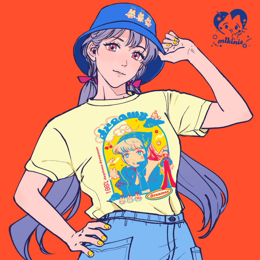 1girl, billies_(christina_oh), bow, bucket_hat, denim, hair_bow, hand_on_headwear, hand_on_own_hip