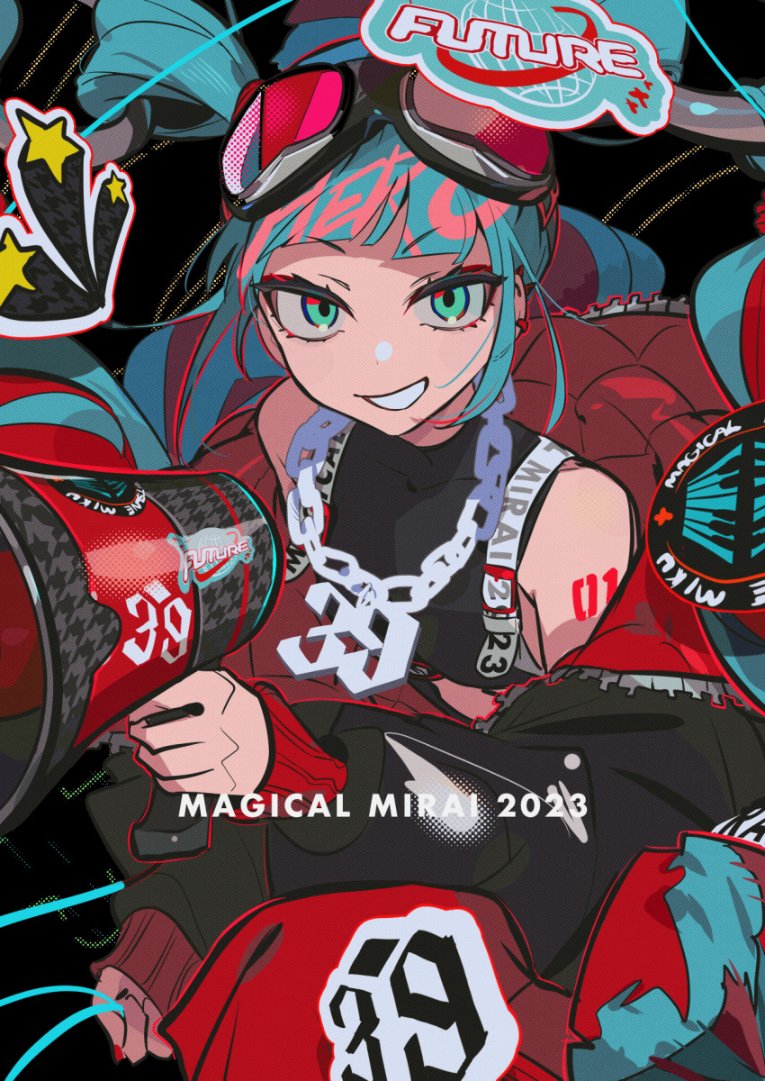 1girl, 39, aqua_hair, bare_shoulders, black_jacket, blunt_bangs, chain_necklace, character_name