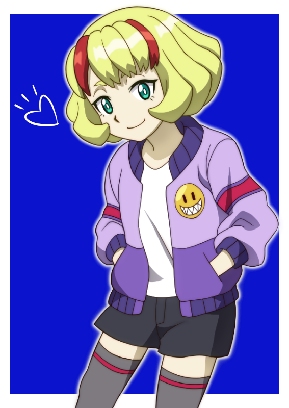 1girl, aqua_eyes, badge, beyblade, beyblade:_burst, black_shorts, blonde_hair, blue_background