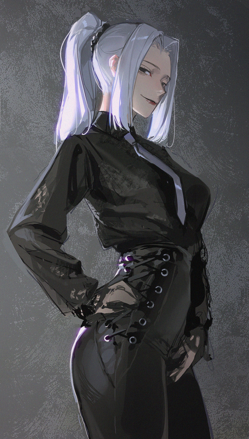1girl, absurdres, black_eyes, black_gloves, black_skirt, formal, gloves, grey_background