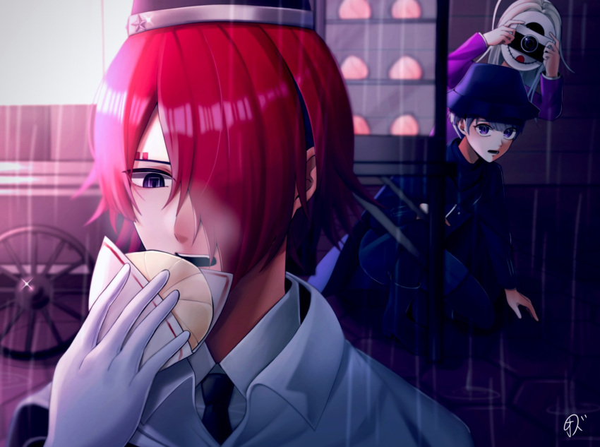 3boys, ahoge, baozi, black_headwear, blue_cape, blue_headwear, blue_jacket, boots