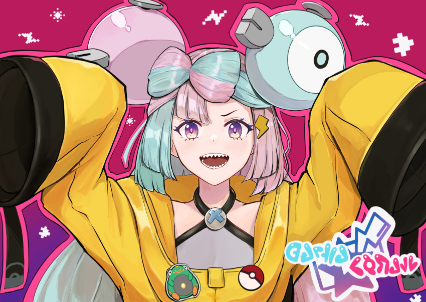 >:), 1girl, aqua_hair, arms_up, blue_hair, bow-shaped_hair, character_hair_ornament, gradient_background