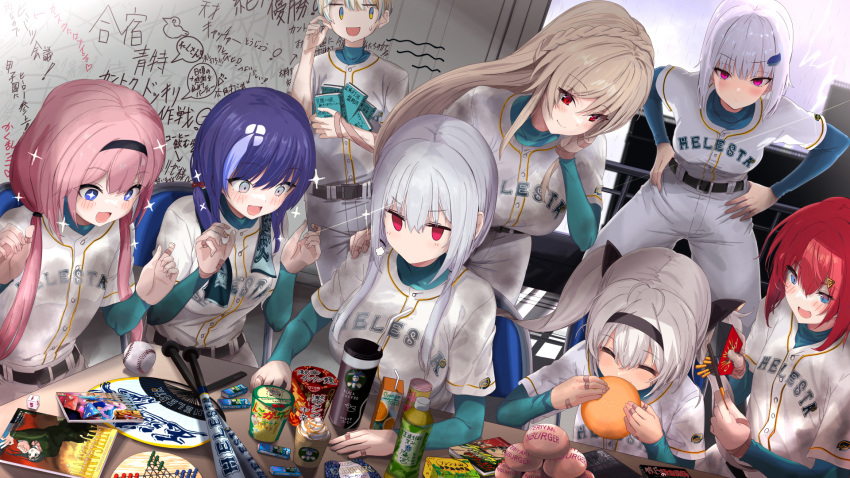 1boy, 6+girls, ange_katrina, baseball_uniform, black_hairband, blue_eyes, blush, closed_eyes