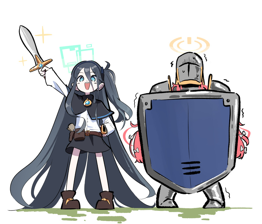 2girls, absurdres, aris_(blue_archive), armor, black_hair, blue_archive, blue_eyes, bow