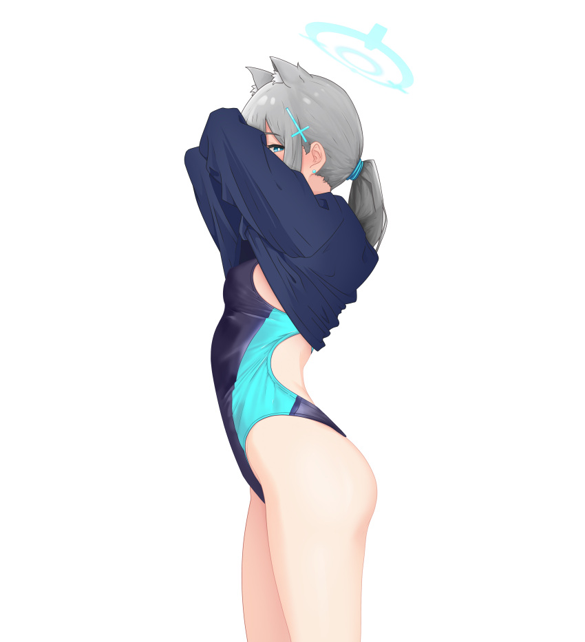 1girl, absurdres, animal_ear_fluff, animal_ears, blue_archive, blush, competition_swimsuit, covered_navel