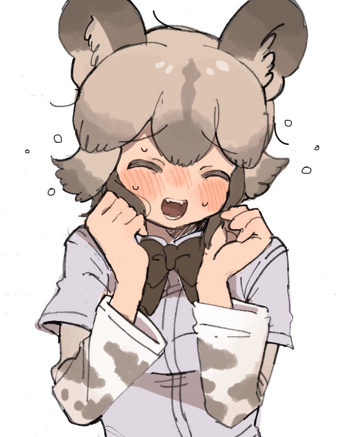 010mzam, 1girl, african_wild_dog_(kemono_friends), african_wild_dog_print, animal_ears, black_bow, black_bowtie, blush