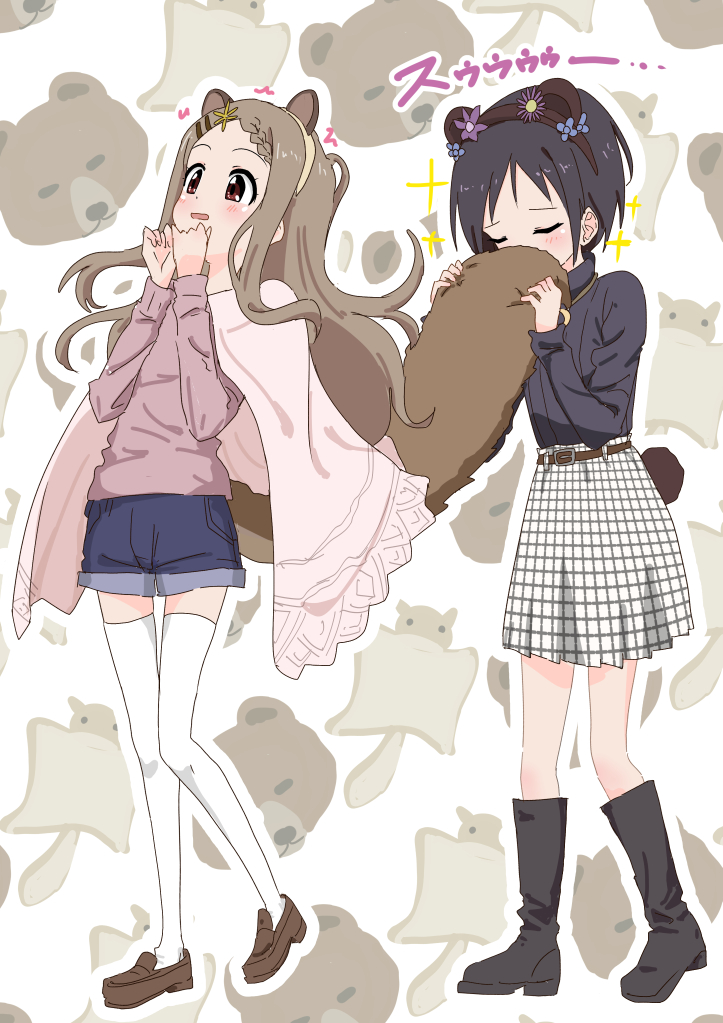 2girls, animal_ears, aoba_kokona, bear_ears, black_hair, boots, braid, braided_bangs
