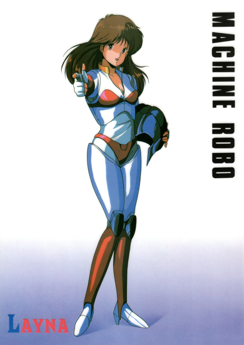 1980s_(style), 1girl, brown_eyes, brown_hair, character_name, copyright_name, full_body, helmet