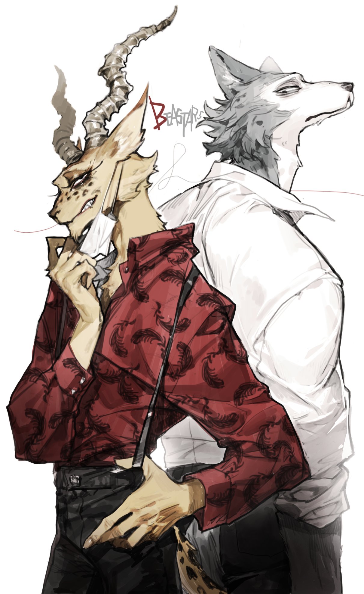 2boys, animal_ears, beastars, black_pants, furry, furry_male, gazelle_horns, grey_fur, grin, highres, horns, legoshi, mask, melon_(beastars), mouth_mask, multiple_boys, pants, pigeon666, red_shirt, sharp_teeth, shirt, smile, teeth, white_fur, white_mask, white_shirt, wolf_boy, yellow_fur