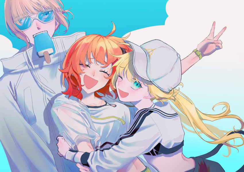 1boy, 2girls, ahoge, artoria_caster_(fate), artoria_caster_(swimsuit)_(fate), artoria_pendragon_(fate), baseball_cap, black_scrunchie