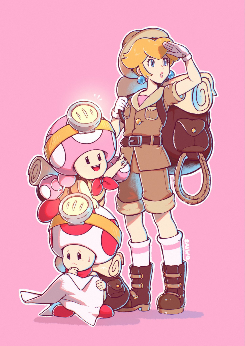 1boy, 2girls, :d, arm_up, artist_name, backpack, bag, bandana, belt, belt_buckle, blonde_hair, boots, breast_pocket, brown_bag, brown_belt, brown_footwear, brown_headwear, brown_jacket, brown_shorts, buckle, buttons, captain_toad, captain_toad:_treasure_tracker, closed_mouth, commentary, earrings, english_commentary, eyelashes, frown, full_body, gloves, hair_between_eyes, hand_up, hat, headlamp, helmet, highres, holding, holding_map, index_finger_raised, jacket, jewelry, kneehighs, lips, looking_afar, map, mario_kart, mario_kart_tour, multiple_girls, neckerchief, notice_lines, official_alternate_costume, open_mouth, outline, parted_lips, pink_background, pink_lips, pith_helmet, pocket, pointing, princess_peach, princess_peach_(explorer), raised_eyebrows, red_bandana, red_neckerchief, rope, saiwo_(saiwoproject), short_sleeves, shorts, sidelocks, simple_background, sitting, smile, socks, sphere_earrings, standing, super_mario_bros., sweatdrop, teeth, toad_(mario), toadette, twintails, upper_teeth_only, white_gloves, white_outline, white_socks