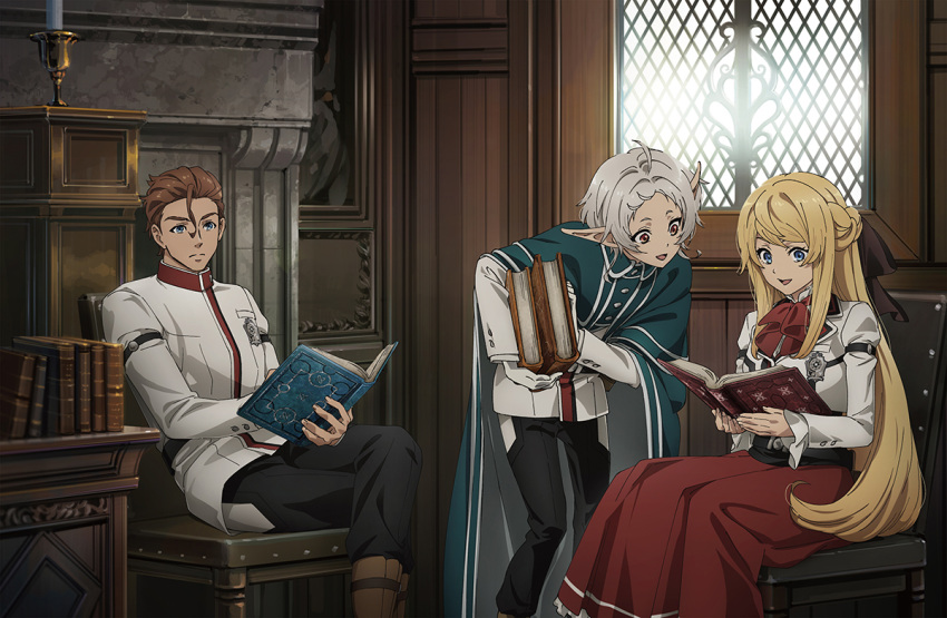 1boy, 2girls, ahoge, ariel_anemoi_asura, arm_belt, black_pants, blue_eyes, book, braid, brown_hair, capelet, crossed_legs, green_capelet, hair_between_eyes, holding, holding_book, indoors, jacket, leaning_forward, long_hair, long_skirt, long_sleeves, luke_notos_greyrat, multiple_girls, mushoku_tensei, neck_ribbon, official_art, on_chair, pants, pointy_ears, promotional_art, red_eyes, red_ribbon, red_skirt, ribbon, shimada_sanae, short_hair, sitting, skirt, standing, sylphiette_(mushoku_tensei), white_hair, white_jacket, window, wooden_wall