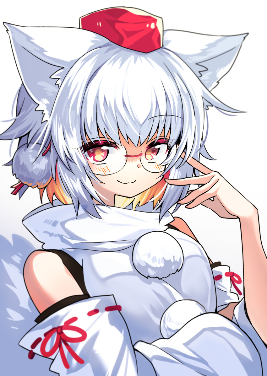 1girl, :3, absurdres, adjusting_eyewear, animal_ears, bare_shoulders, bespectacled, blush