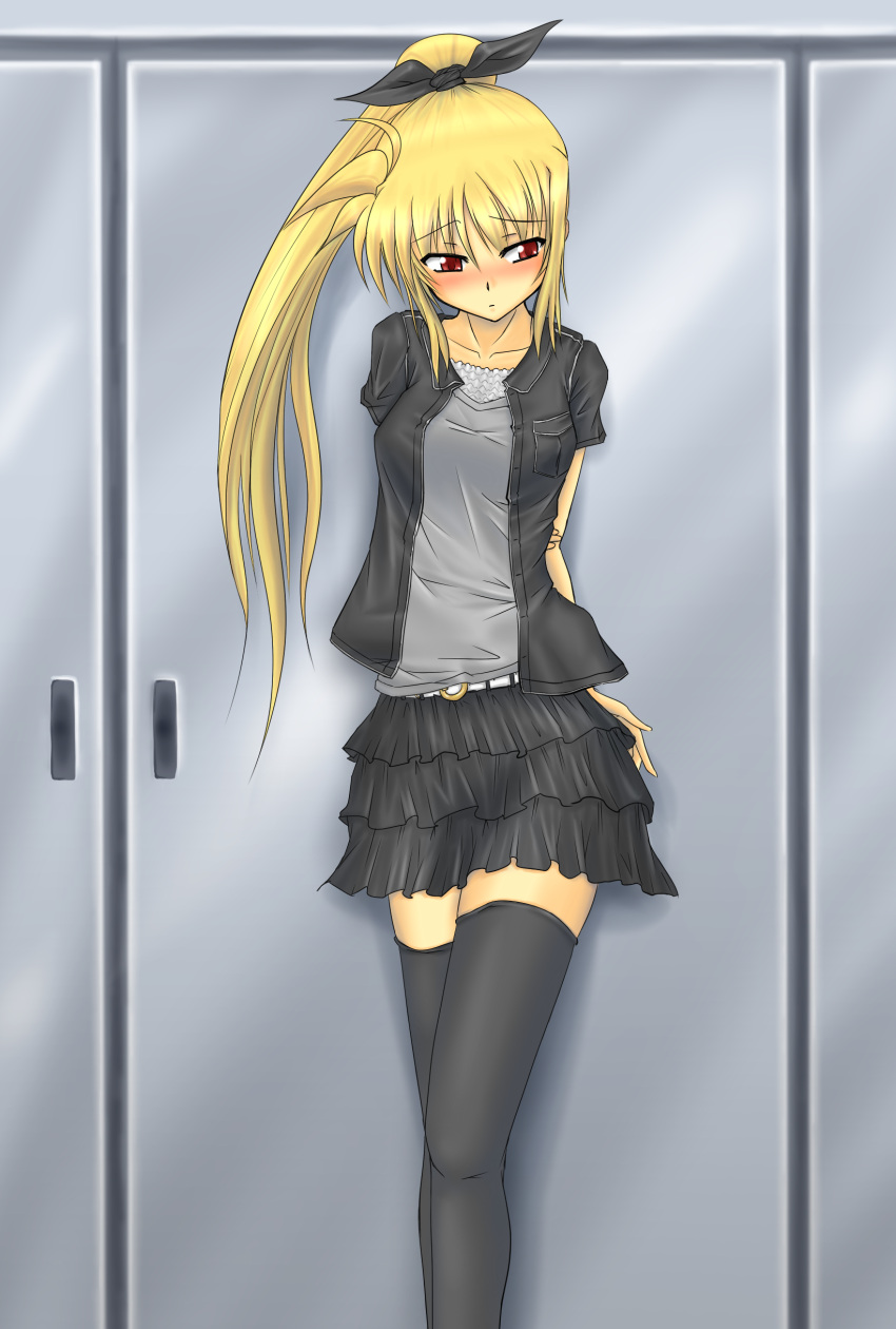arms_behind_back, blonde_hair, blush, casual, fate_testarossa, highres, long_hair, mahou_shoujo_lyrical_nanoha, mahou_shoujo_lyrical_nanoha_strikers, moonlight_(base), ponytail, red_eyes, ribbon, skirt, solo, thighhighs, zettai_ryouiki