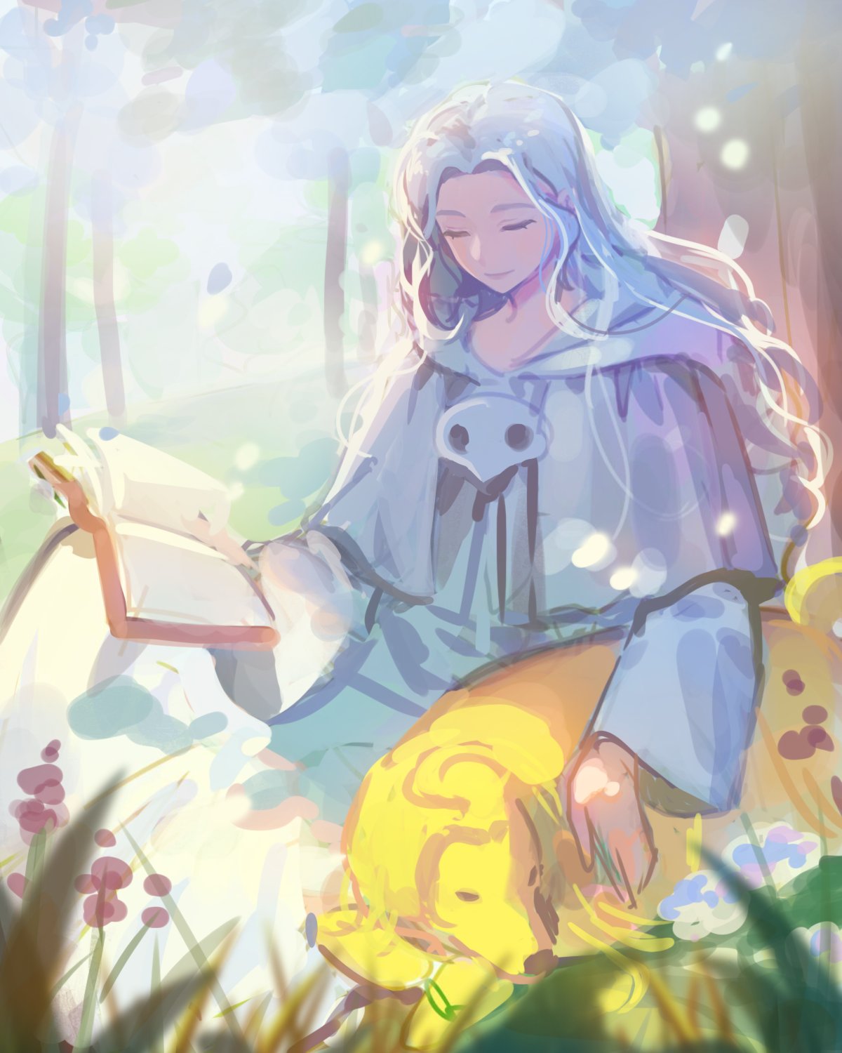 1girl, argos_(ff14), book, capelet, closed_eyes, commentary_request, day, dog