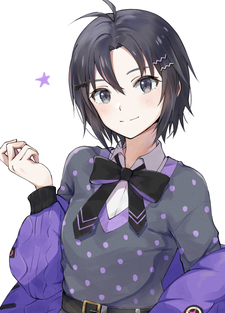 1girl, antenna_hair, arm_at_side, belt, belt_buckle, black_belt, black_eyes, black_hair, black_shirt, blush, bow, bowtie, breasts, buckle, close-up, closed_mouth, coat, collared_shirt, commentary, curled_fingers, dress_shirt, hair_between_eyes, hair_ornament, hairclip, hand_up, head_tilt, idolmaster, idolmaster_(classic), kikuchi_makoto, layered_shirt, light_blush, light_smile, long_sleeves, looking_at_viewer, loose_hair_strand, mogskg, off_shoulder, polka_dot, polka_dot_shirt, purple_coat, red_bow, red_bowtie, shirt, short_hair, simple_background, small_breasts, smile, solo, standing, star_(symbol), starpiece_memories_(idolmaster), upper_body, v-neck, white_background, white_shirt