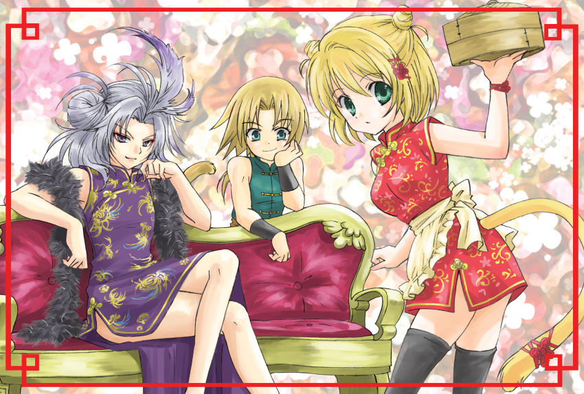 blonde_hair, boa, brother_and_sister, brothers, china_dress, chinese_clothes, double_bun, feather_boa