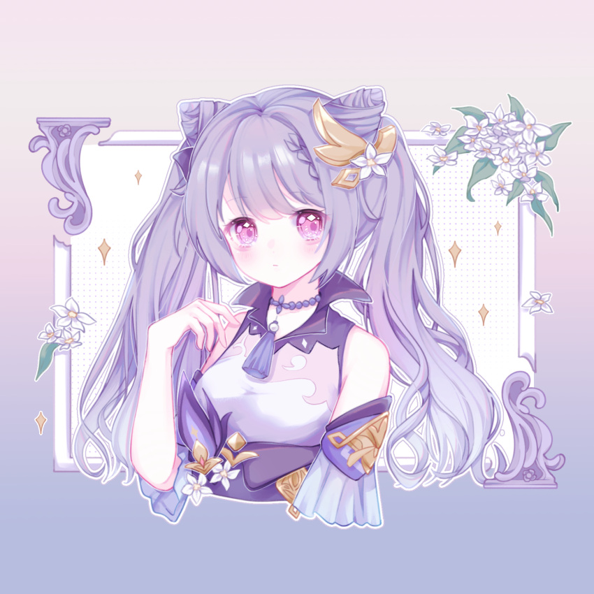 1girl, blush, bow, braid, braided_bangs, chinese_clothes, choker, closed_mouth, collared_dress, cone_hair_bun, detached_sleeves, diamond_in_eye, dress, english_commentary, fantasy, feathers, flower, flower_ornament, framed, frilled_sleeves, frills, genshin_impact, gold_trim, gradient_background, hair_bow, hair_bun, hair_flower, hair_ornament, highres, keqing_(genshin_impact), light_frown, long_hair, looking_at_viewer, magic, neck_tassel, pink_eyes, polka_dot, portrait, purple_bow, purple_choker, purple_dress, purple_hair, sparkle, swept_bangs, twintails, upper_body, white_flower, wide_sleeves, yukomeow
