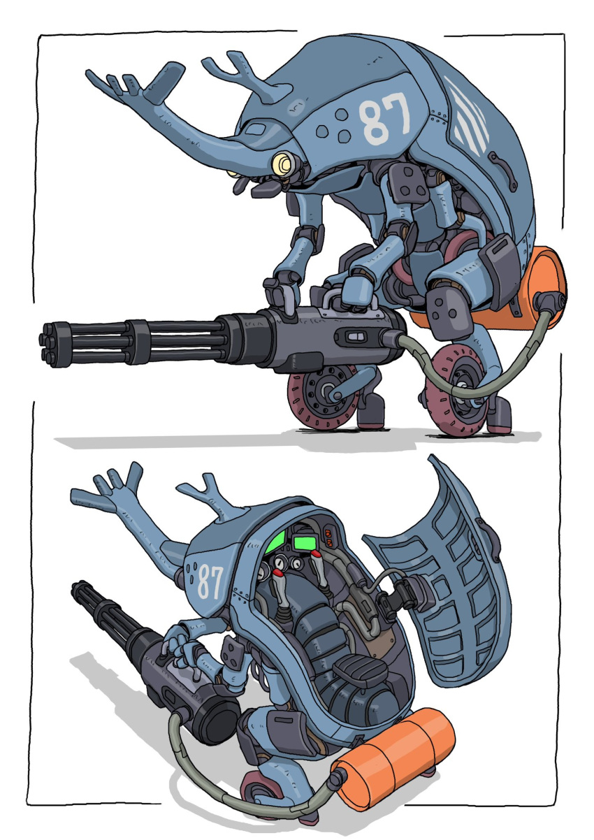 animal-themed_vehicle, biomechanical, controller, gatling_gun, gatling_santouhei, gun, heads-up_display, highres
