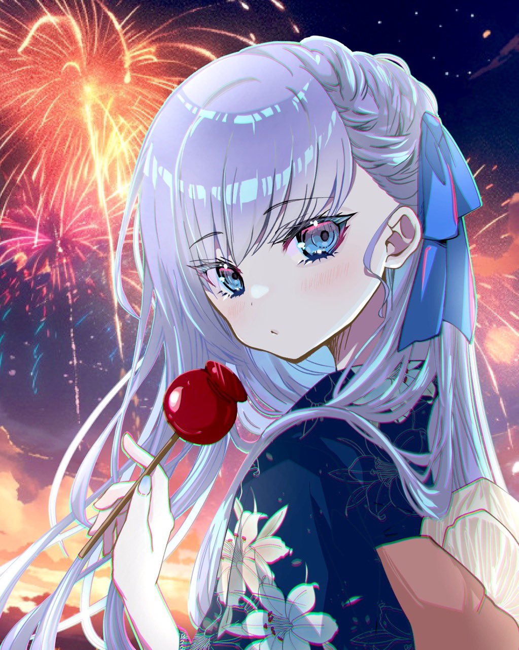1girl, blue_eyes, blue_kimono, blue_ribbon, blush, candy_apple, expressionless, fate/grand_order, fate_(series), fireworks, floral_print, food, hair_ribbon, highres, japanese_clothes, kimono, long_hair, looking_at_viewer, meltryllis_(fate), outdoors, purple_hair, ribbon, sky, solo, upper_body, yamuimo